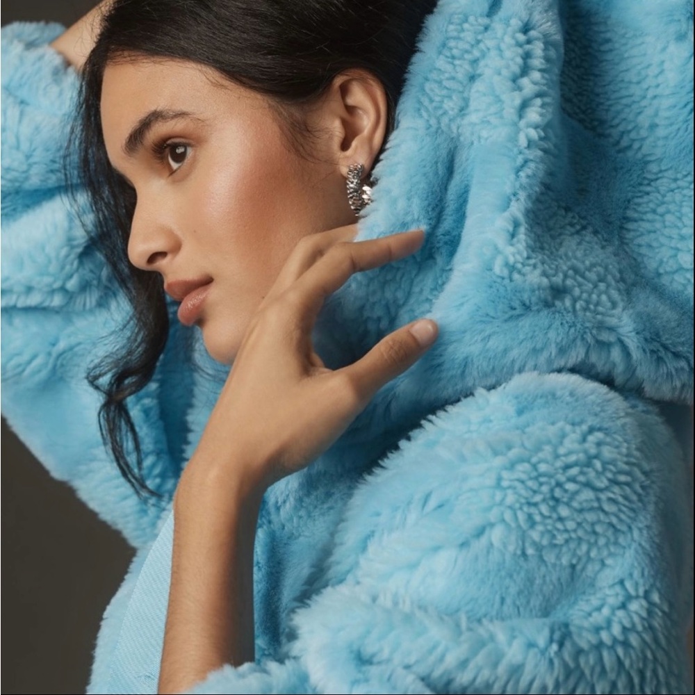 Anthropologie Iceland Blue Faux Fur Cropped Hooded Coat NWT 🔖